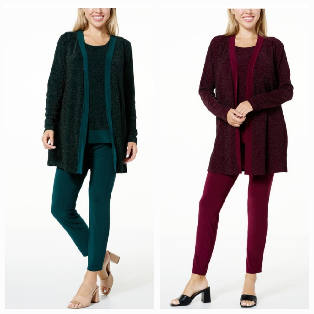 ⭐️ Nina Leonard 3-piece Glitter Knit Cardigan Tank and Pant Set